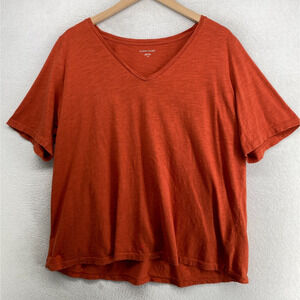 EILEEN FISHER Top L Slub Organic Cotton Jersey Boxy V-Neck Short Sleeve Orange